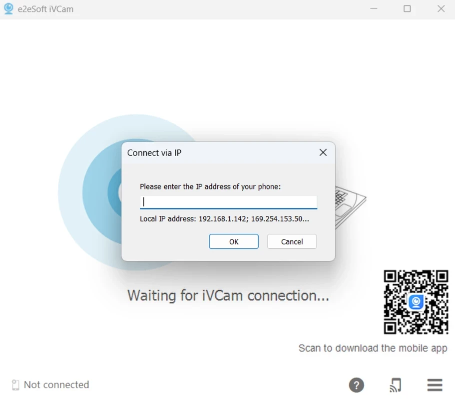 iVCam Connect via IP dialog to enter your phone IP address manually