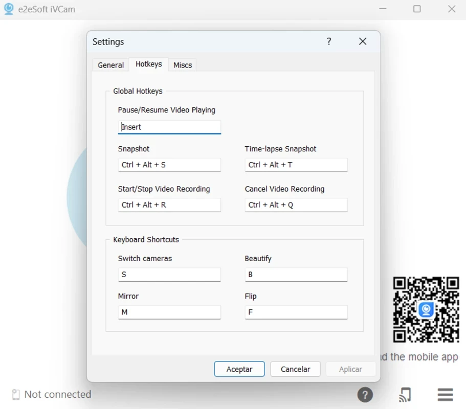 iVCam global hotkeys for snapshot, recording, and camera controls