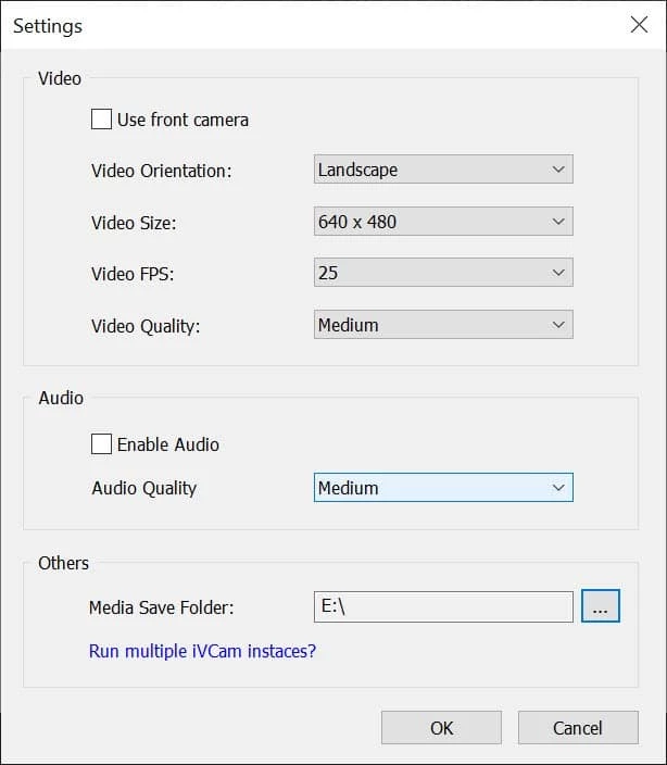 iVCam settings for video orientation, resolution, FPS, quality, and audio