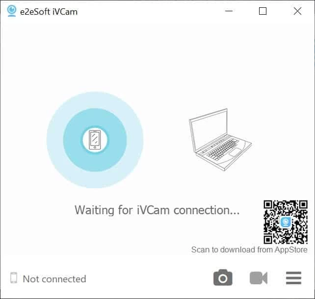 iVCam desktop app waiting for phone connection with QR code to download the mobile app